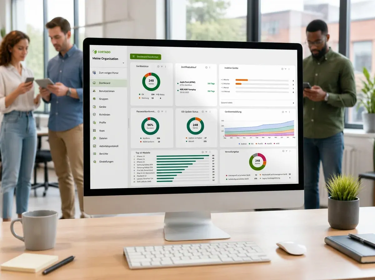 Arbeitsplatz mit Cortado MDM Dashboard auf dem Bildschirm, im Hintergrund Kolleginnen und Kollegen mit Smartphones und Tablets