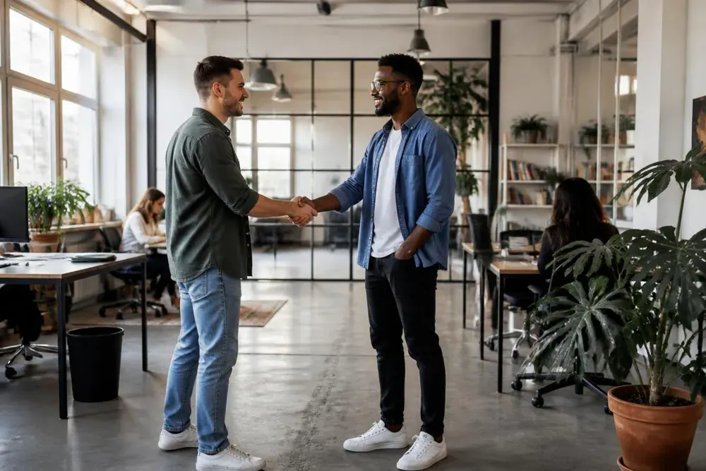 Zwei Personen in legerer Kleidung geben sich in einem Coworking-Büro die Hand