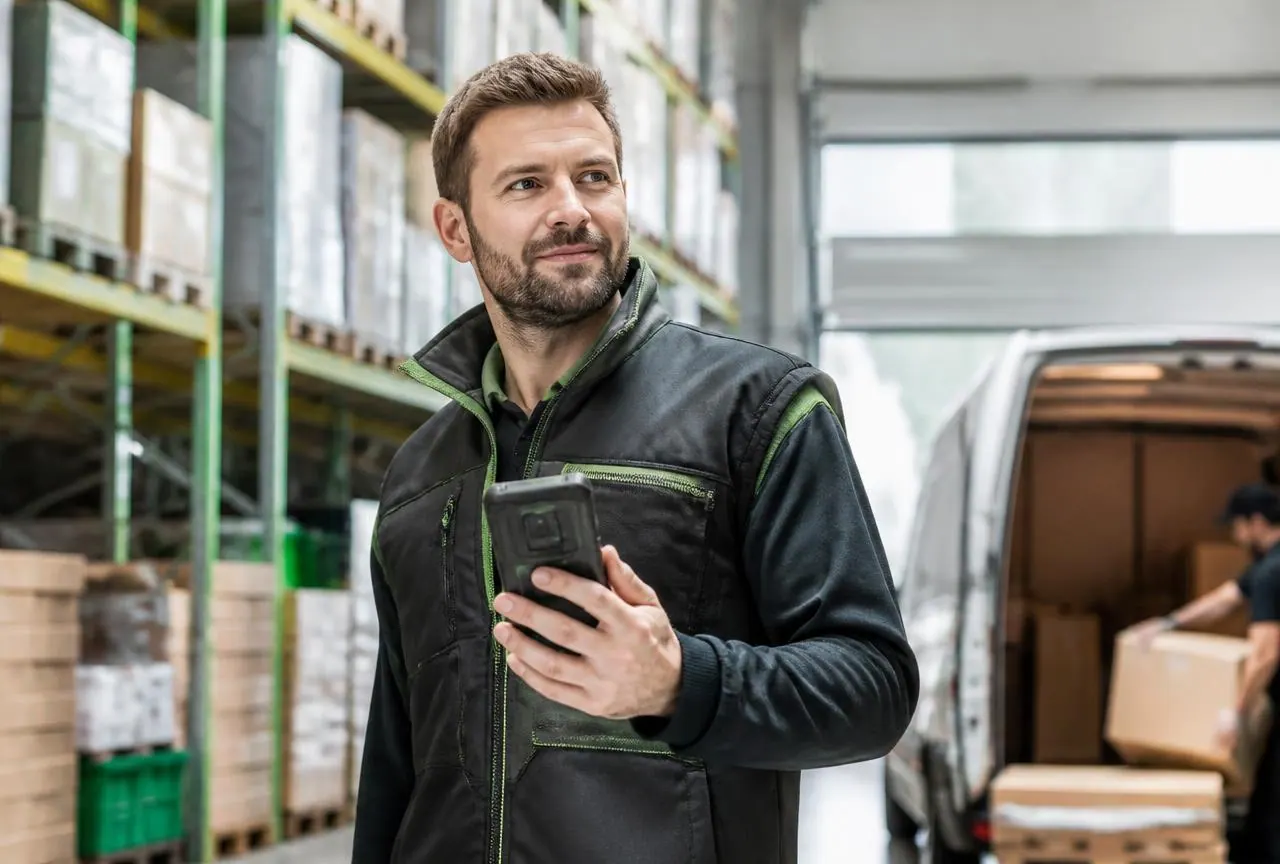 Employee in workwear with a rugged handheld device in a warehouse