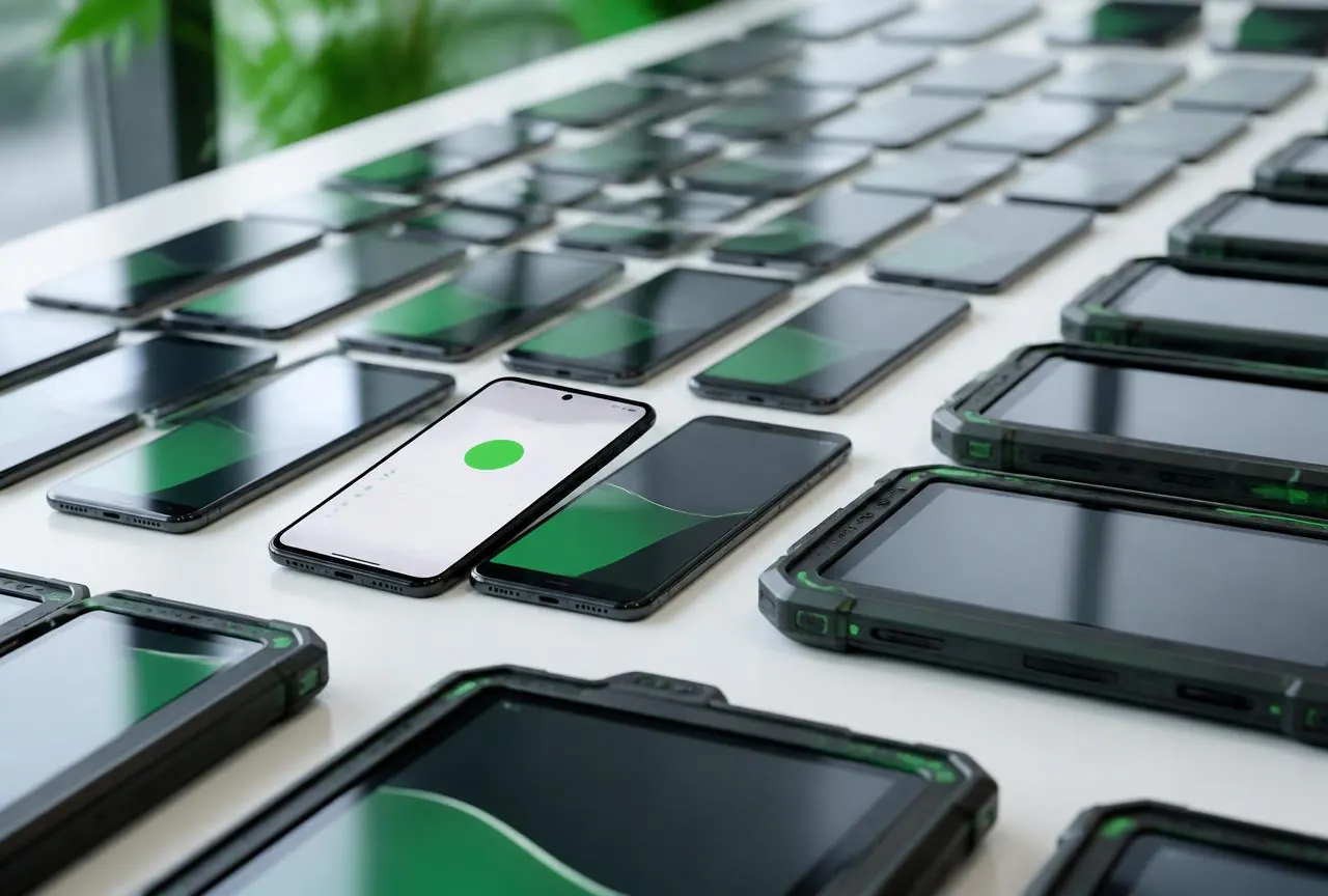 Many identical smartphones and rugged tablets prepared for a mass rollout