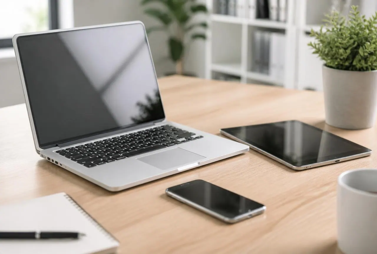 Laptop, tablet, and smartphone on a bright office desk