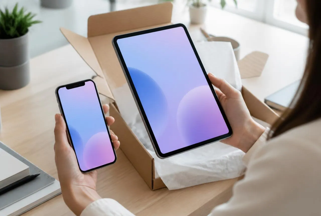 Person unboxing a new smartphone and tablet at a desk