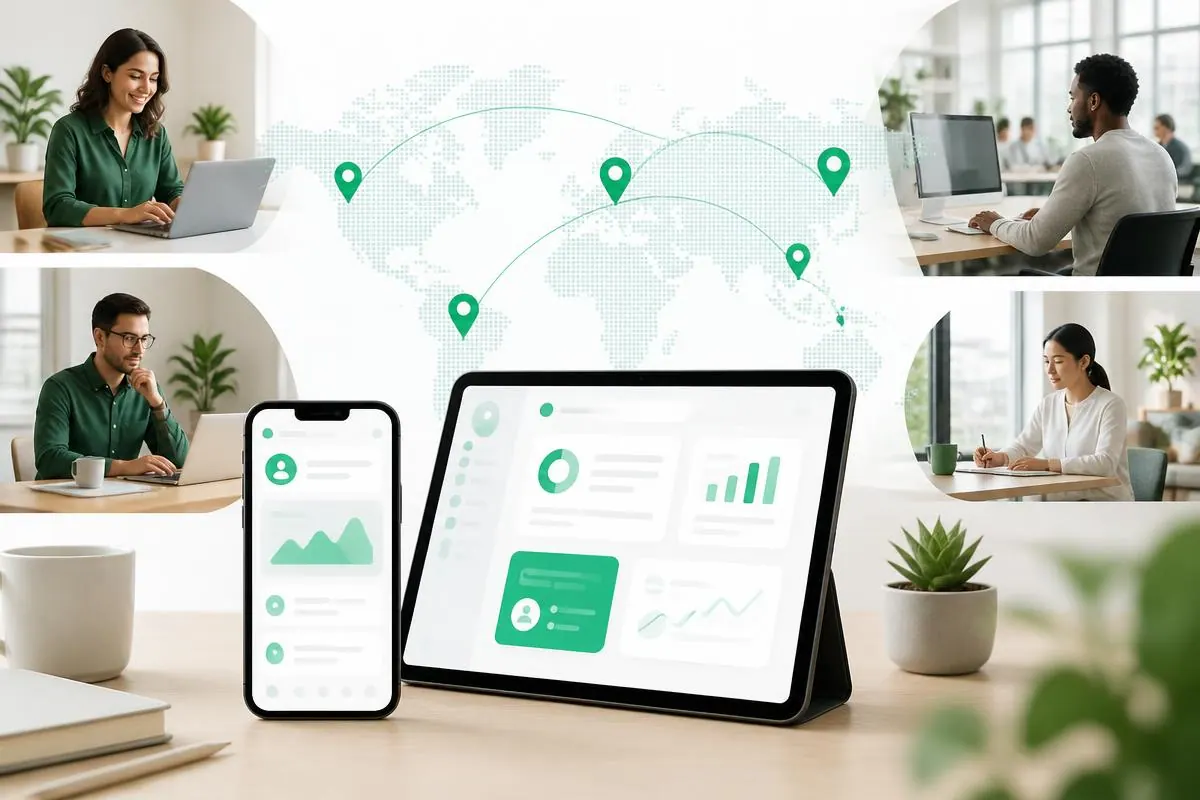 Smartphone and tablet in front of photos of employees at different work locations