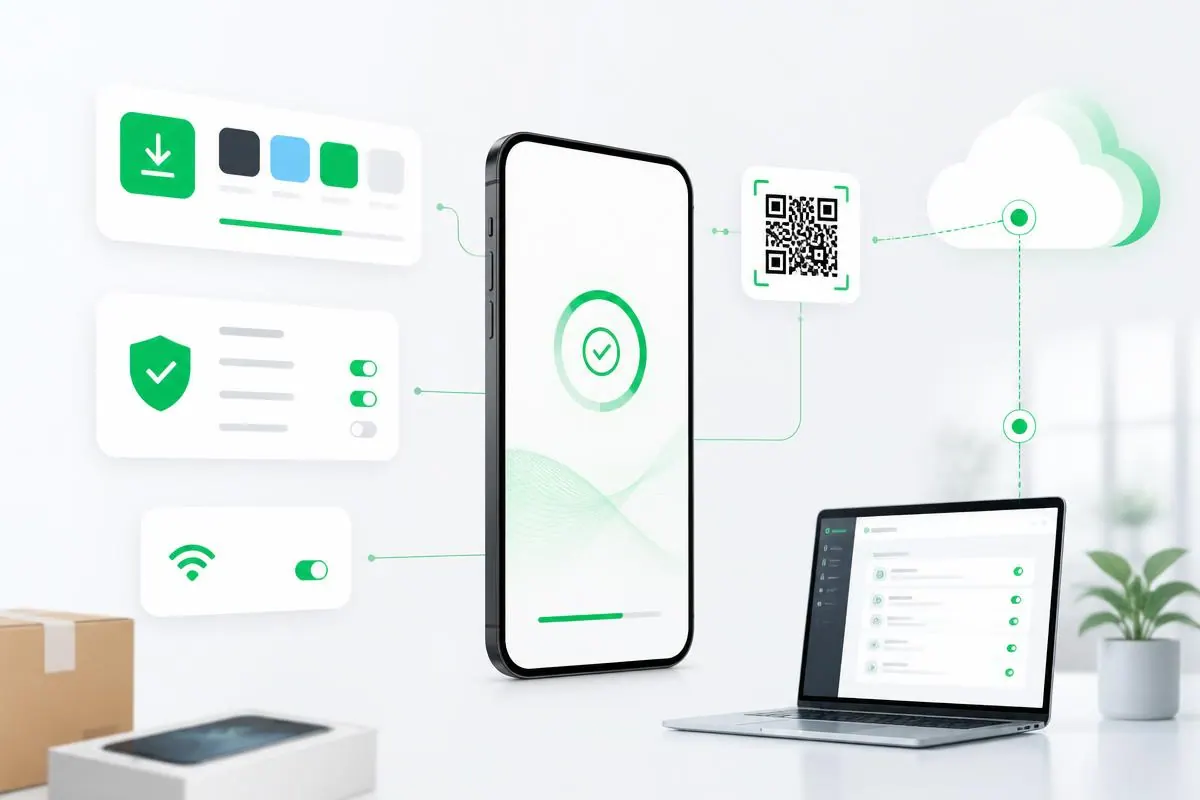 Automatic smartphone setup with app installation, policies, and QR code enrollment