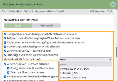 Die neuen Android-Richtlinien im Verwaltungsportal von Cortado MDM mit Checkboxen