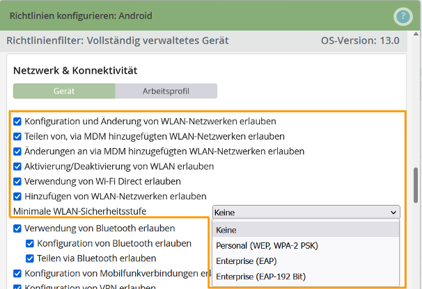 Die neuen Android-Richtlinien im Verwaltungsportal von Cortado MDM mit Checkboxen