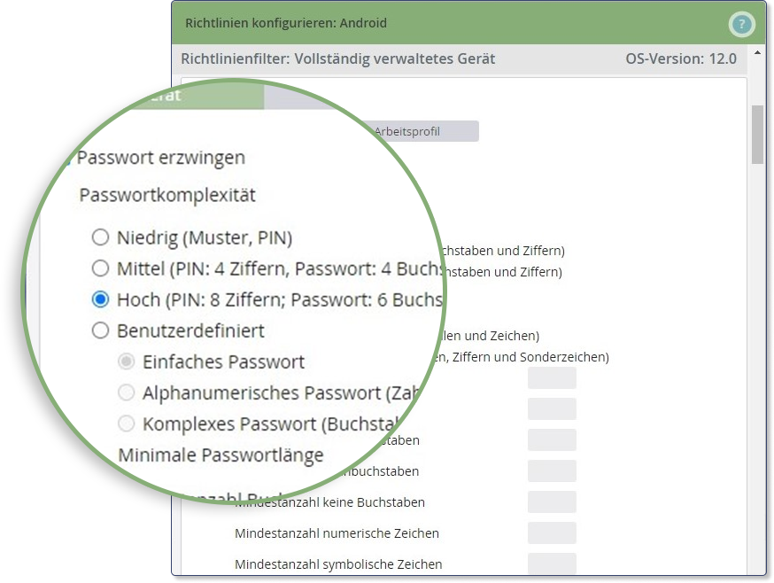 Bucket-basierte Passwortrichtlinien in der Cortado MDM Admin Portal
