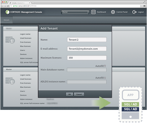 Multi Tenancy: Add a tenant via the Cortado Management Console