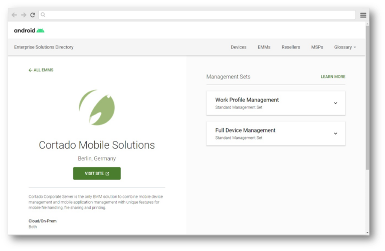 Cortado Mobile Solutions Profil im Android Enterprise Solutions Directory