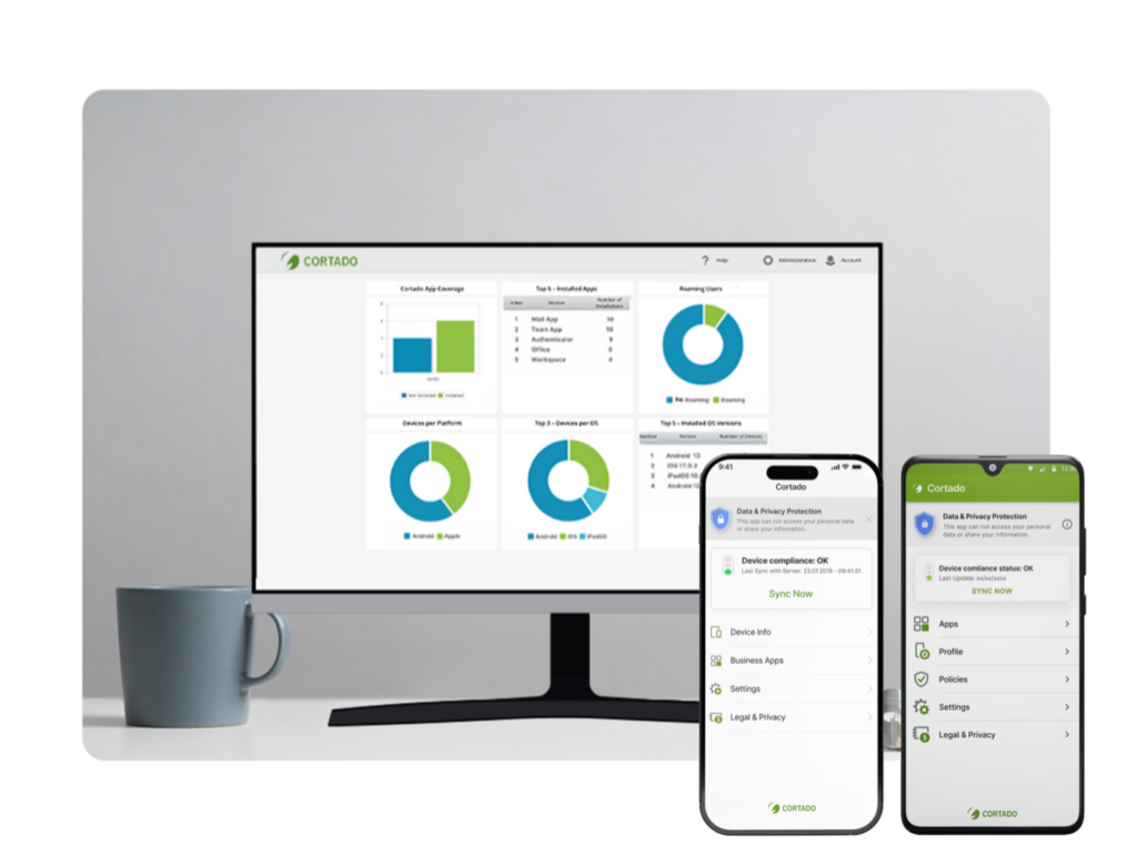 Monitor with Cortado MDM dashboard and an iPhone and Android device with the Cortado app in front.