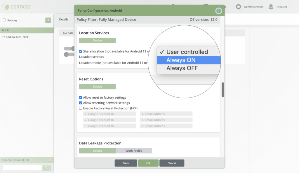Android Policy Configuration: Location Services