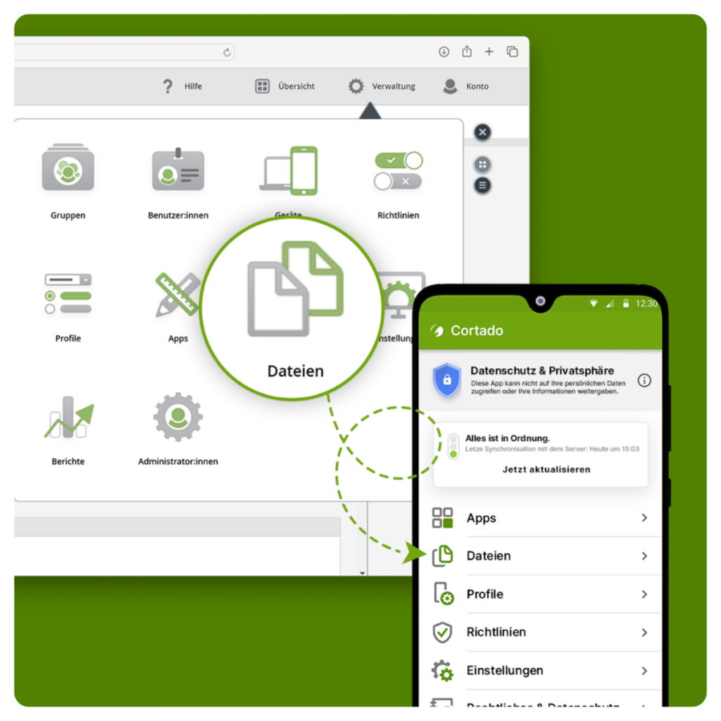 Cortado Mobile Content Manager: Datei-Option im Administrationsportal und auf dem Handy