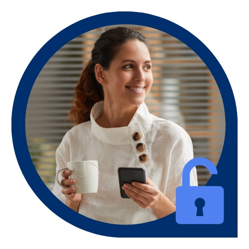 Woman with smartphone and coffee at the office